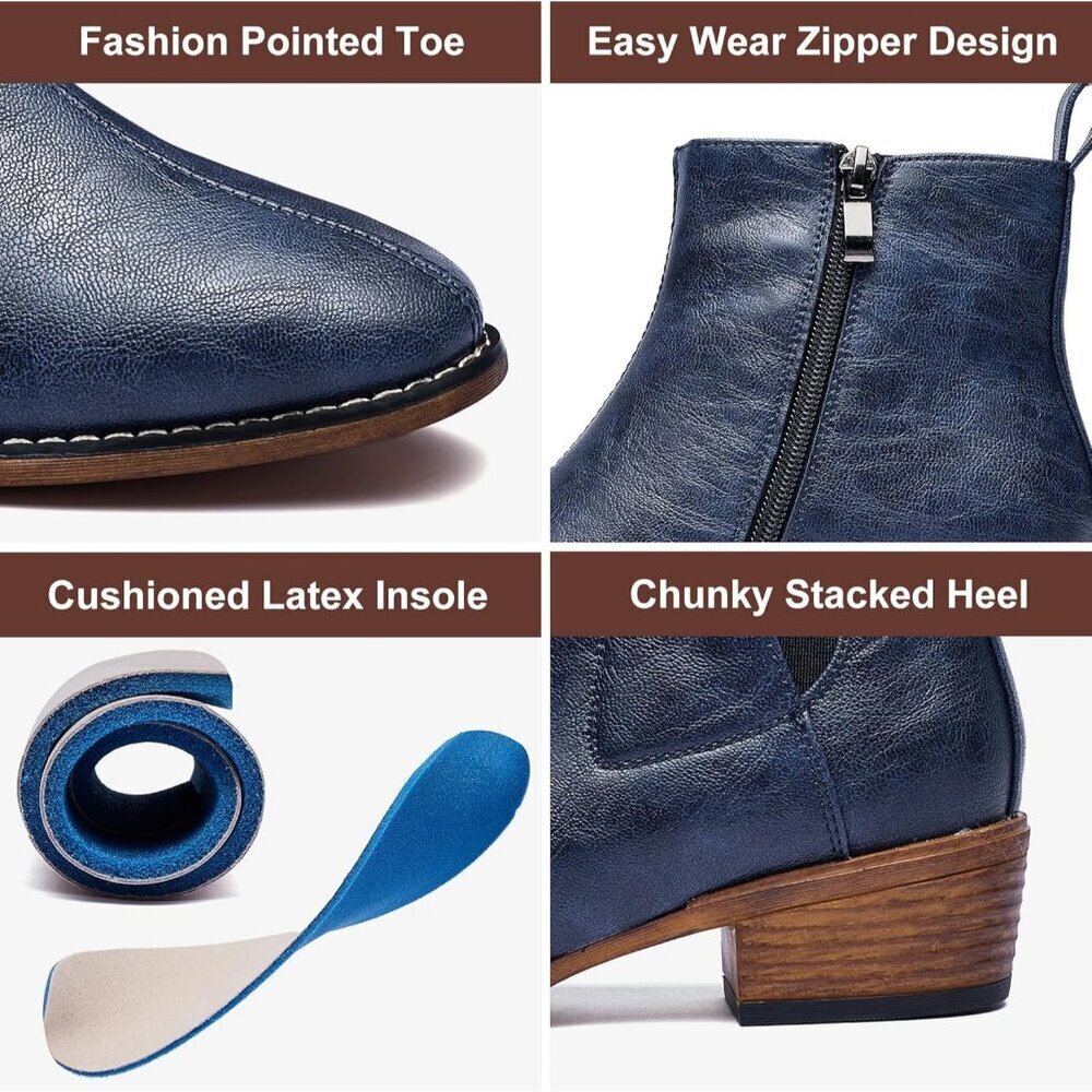 Women's Blue Ankle Boots Mid-height Heels Chelsea Zipper Dressy Booties - Picture 3 of 6
